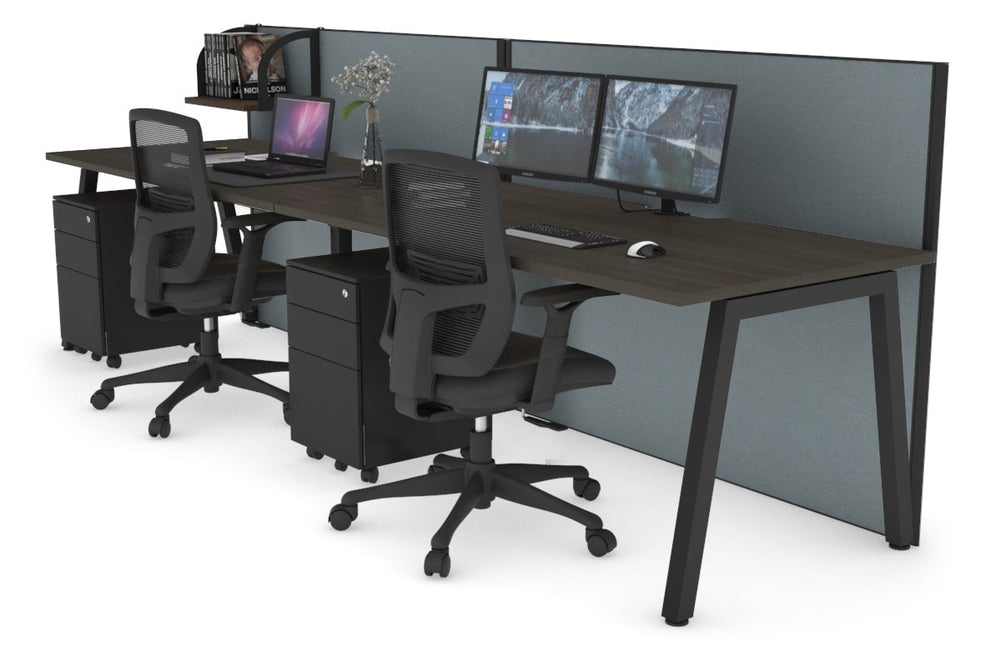 Horizon Quadro 2 Person Run A Legs Office Workstation [1600L x 800W with Cable Scallop]-black leg dark oak cool grey (1200H x 3200W)