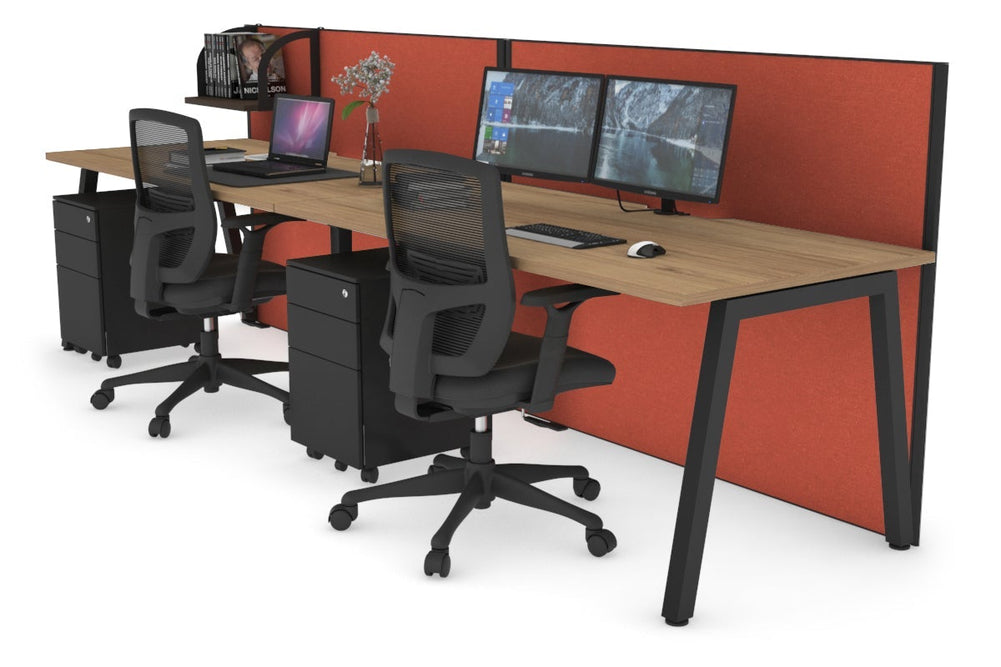 Horizon Quadro 2 Person Run A Legs Office Workstation [1600L x 800W with Cable Scallop]-black leg salvage oak orange squash (1200H x 3200W)