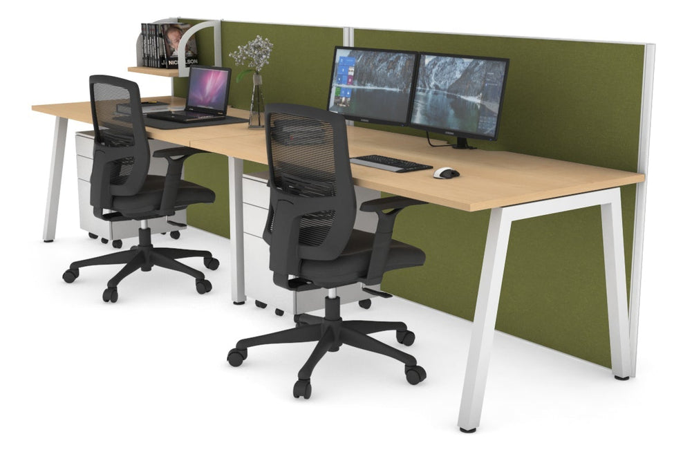 Horizon Quadro 2 Person Run A Legs Office Workstation [1600L x 800W with Cable Scallop]-white leg maple green moss (1200H x 3200W)