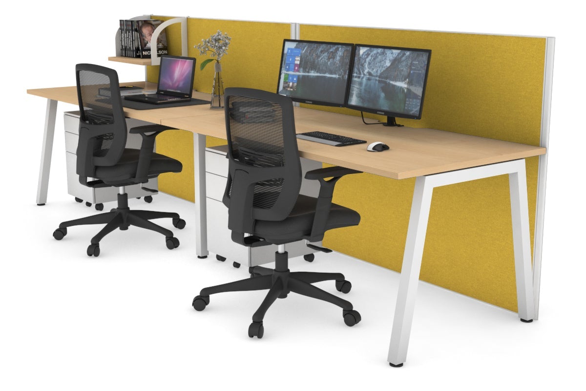 Horizon Quadro 2 Person Run A Legs Office Workstation [1600L x 800W with Cable Scallop]-white leg maple mustard yellow (1200H x 3200W)