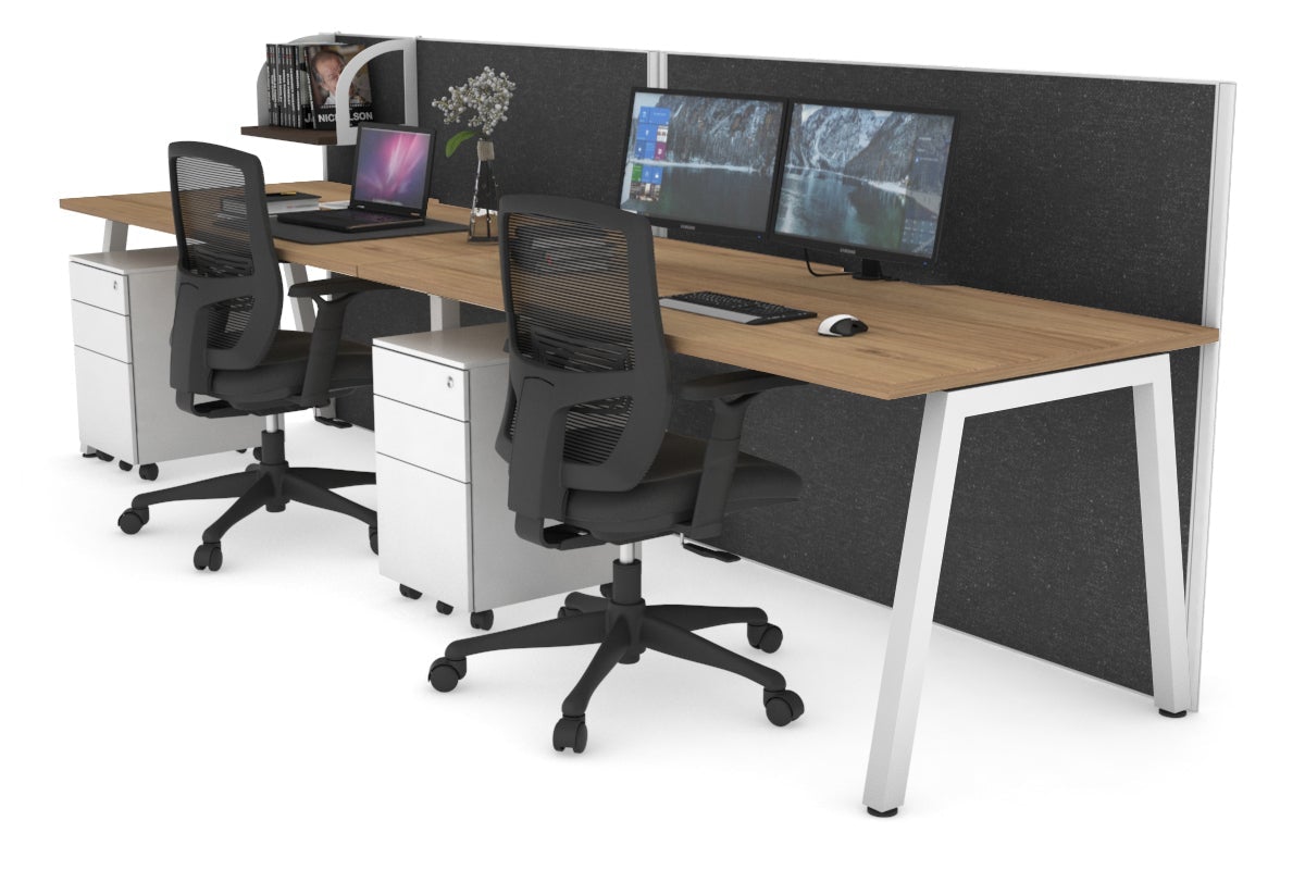 Horizon Quadro 2 Person Run A Legs Office Workstation [1600L x 800W with Cable Scallop]-white leg salvage oak moody charcoal (1200H x 3200W)