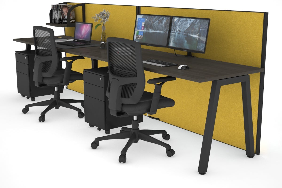 Horizon Quadro 2 Person Run A Legs Office Workstation [1800L x 700W]-black leg dark oak mustard yellow (1200H x 3600W)