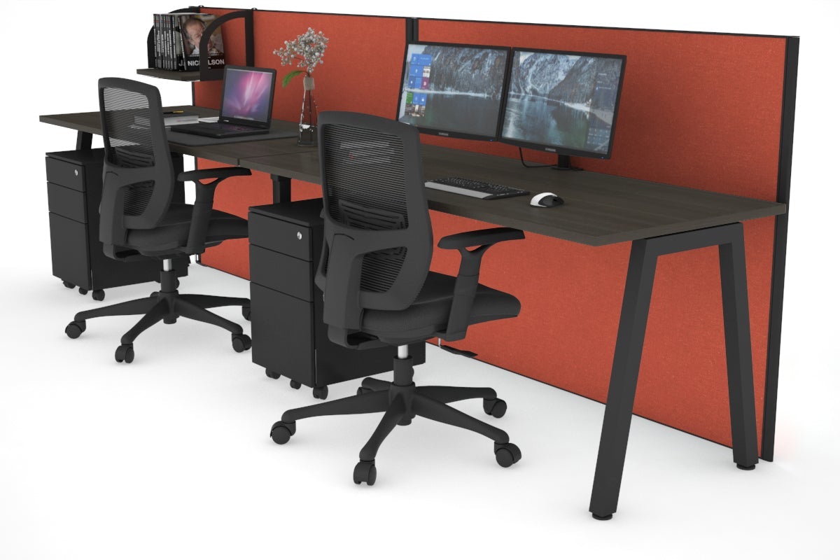 Horizon Quadro 2 Person Run A Legs Office Workstation [1800L x 700W]-black leg dark oak orange squash (1200H x 3600W)