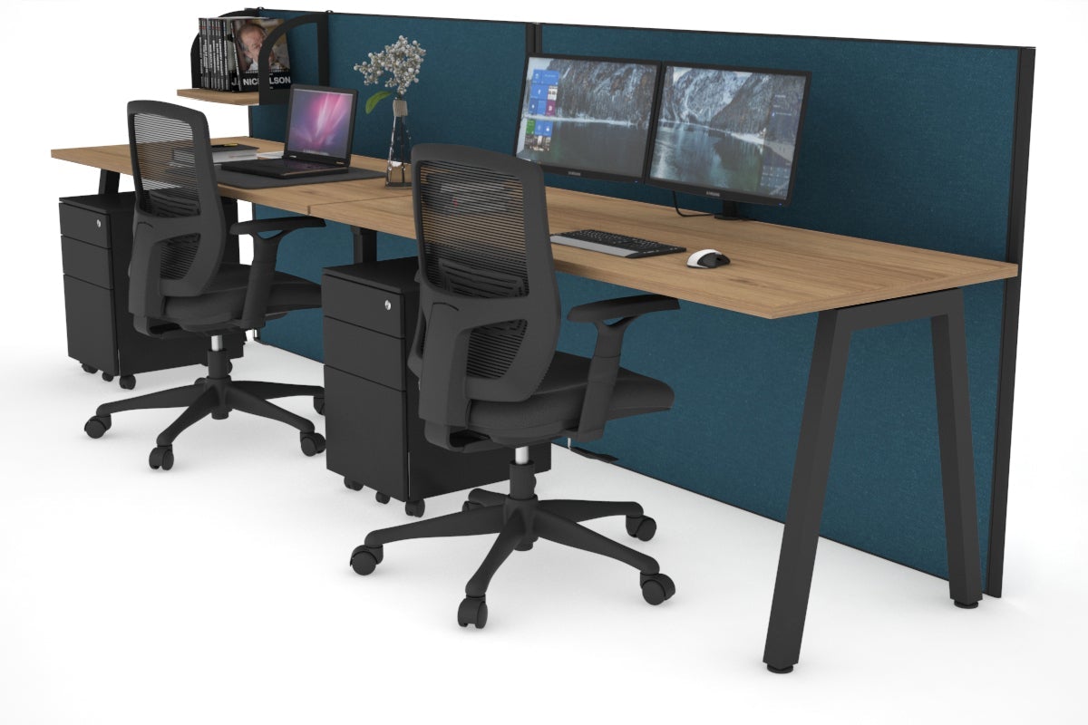 Horizon Quadro 2 Person Run A Legs Office Workstation [1800L x 700W]-black leg salvage oak deep blue (1200H x 3600W)