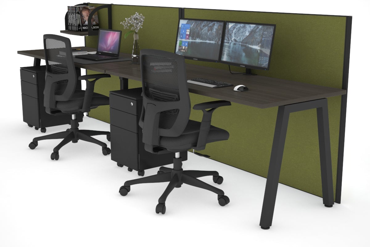 Horizon Quadro 2 Person Run A Legs Office Workstation [1800L x 700W]-black leg dark oak green moss (1200H x 3600W)