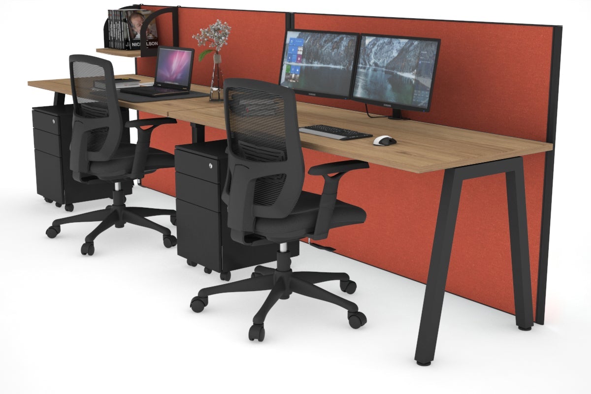 Horizon Quadro 2 Person Run A Legs Office Workstation [1800L x 700W]-black leg salvage oak orange squash (1200H x 3600W)