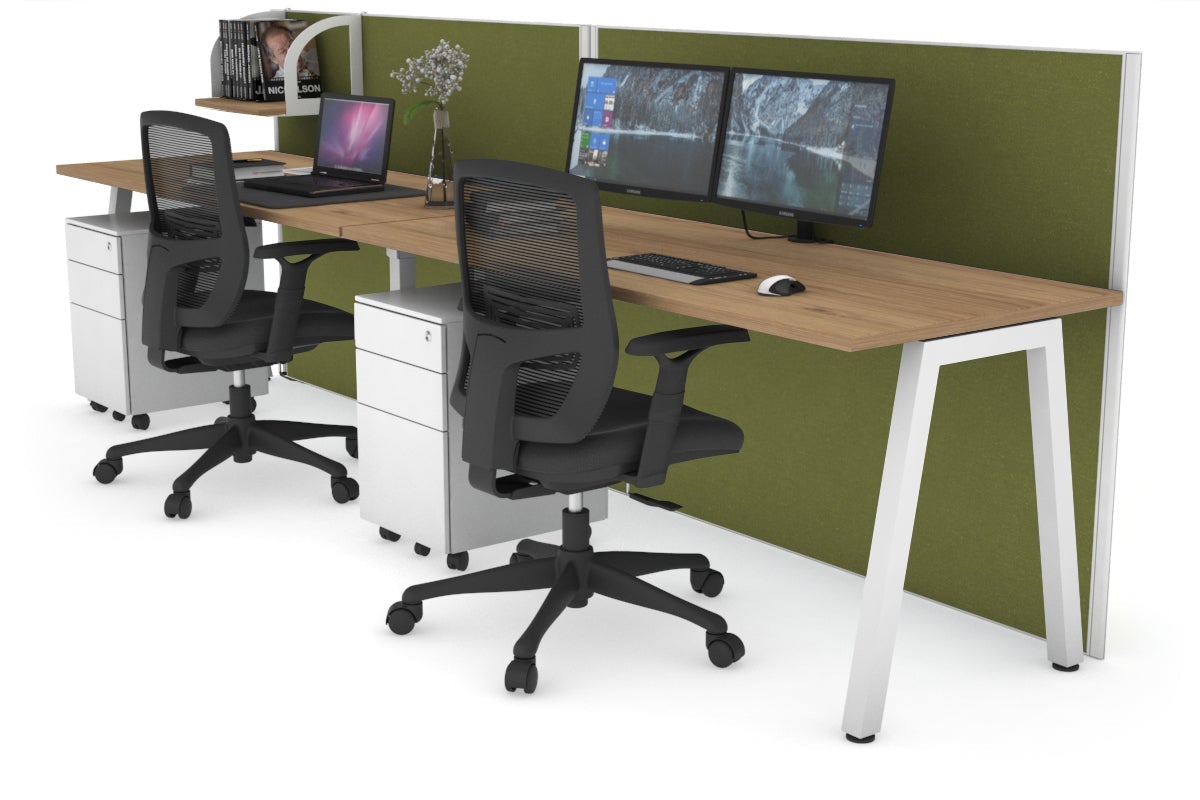 Horizon Quadro 2 Person Run A Legs Office Workstation [1800L x 700W]-white leg salvage oak green moss (1200H x 3600W)