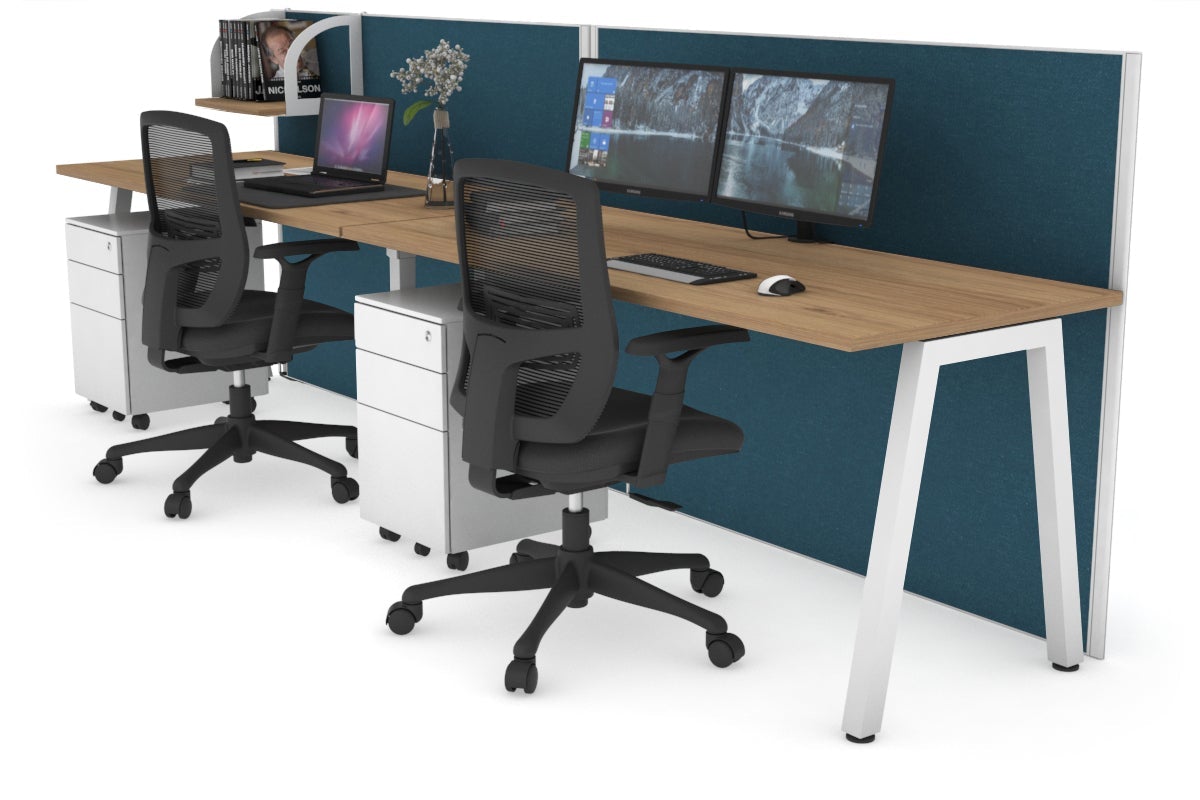 Horizon Quadro 2 Person Run A Legs Office Workstation [1800L x 700W]-white leg salvage oak deep blue (1200H x 3600W)