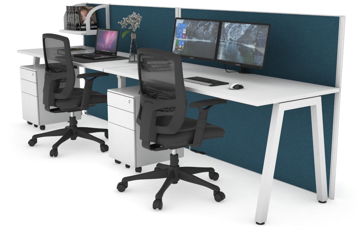 Horizon Quadro 2 Person Run A Legs Office Workstation [1800L x 700W]-white leg white deep blue (1200H x 3600W)