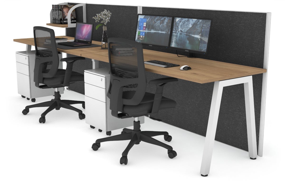 Horizon Quadro 2 Person Run A Legs Office Workstation [1800L x 700W]-white leg salvage oak moody charcoal (1200H x 3600W)