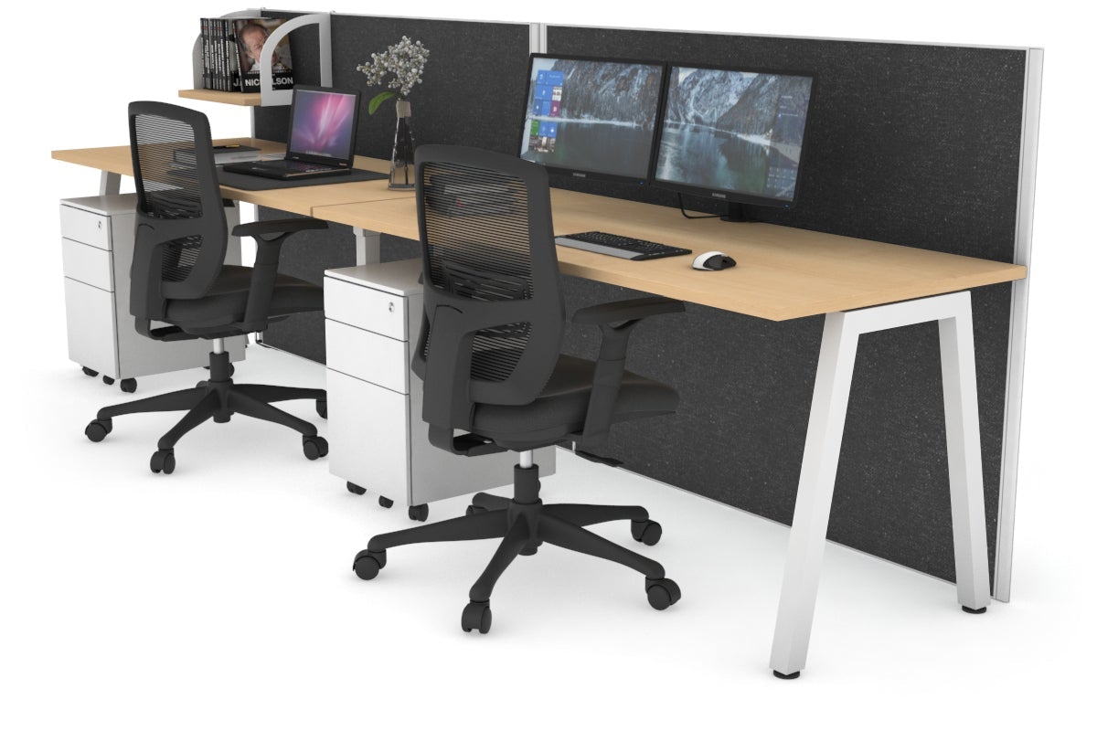 Horizon Quadro 2 Person Run A Legs Office Workstation [1800L x 700W]-white leg maple moody charcoal (1200H x 3600W)
