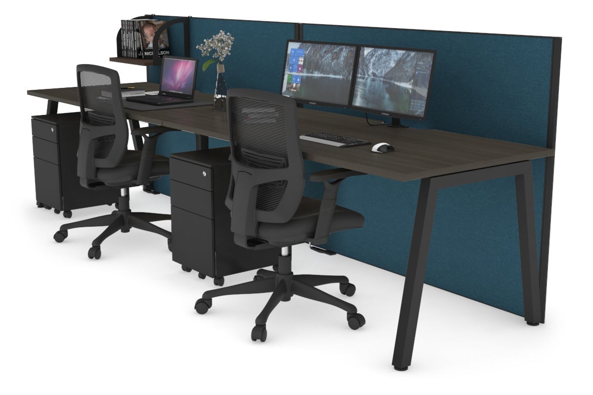 Horizon Quadro 2 Person Run A Legs Office Workstation [1800L x 800W with Cable Scallop]-black leg dark oak deep blue (1200H x 3600W)
