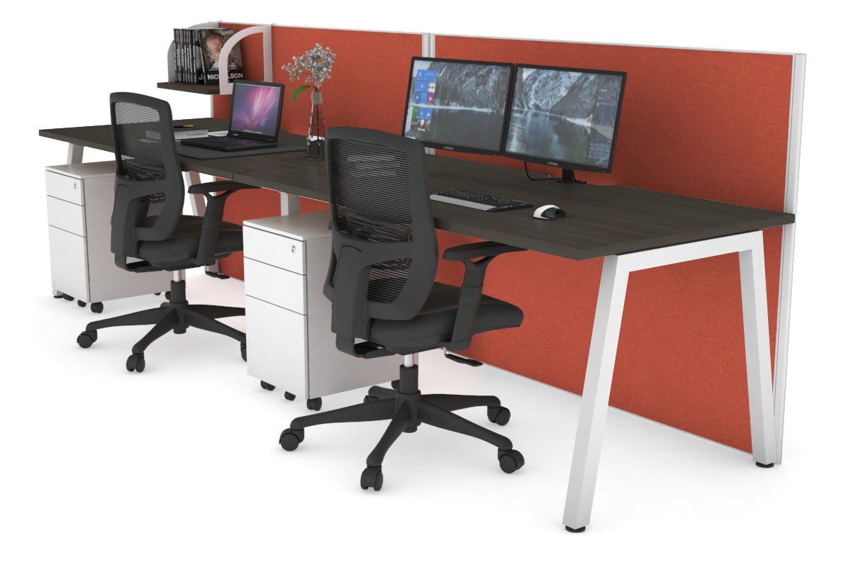 Horizon Quadro 2 Person Run A Leg Office Workstations [1800L x 800W with Cable Scallop] Jasonl white leg dark oak orange squash (1200H x 3600W)