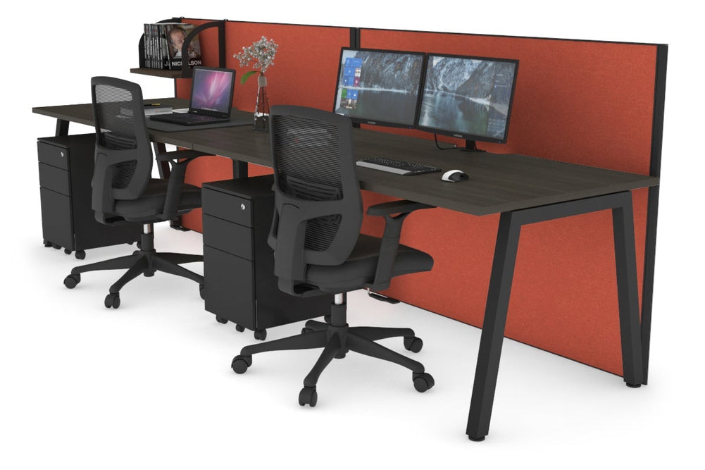 Horizon Quadro 2 Person Run A Legs Office Workstation [1800L x 800W with Cable Scallop]-black leg dark oak orange squash (1200H x 3600W)