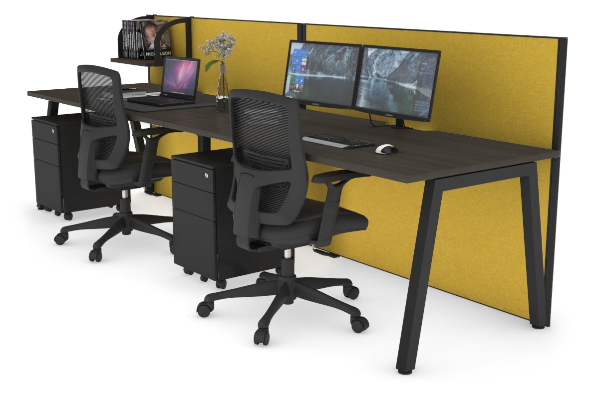 Horizon Quadro 2 Person Run A Leg Office Workstations [1800L x 800W with Cable Scallop] Jasonl black leg dark oak mustard yellow (1200H x 3600W)