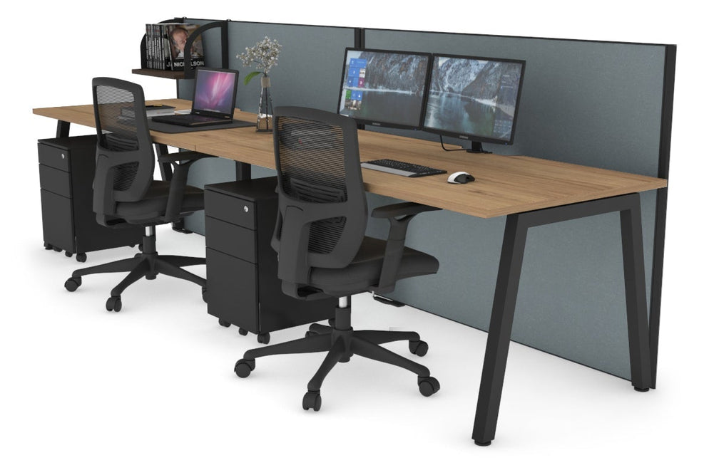 Horizon Quadro 2 Person Run A Legs Office Workstation [1800L x 800W with Cable Scallop]-black leg salvage oak cool grey (1200H x 3600W)