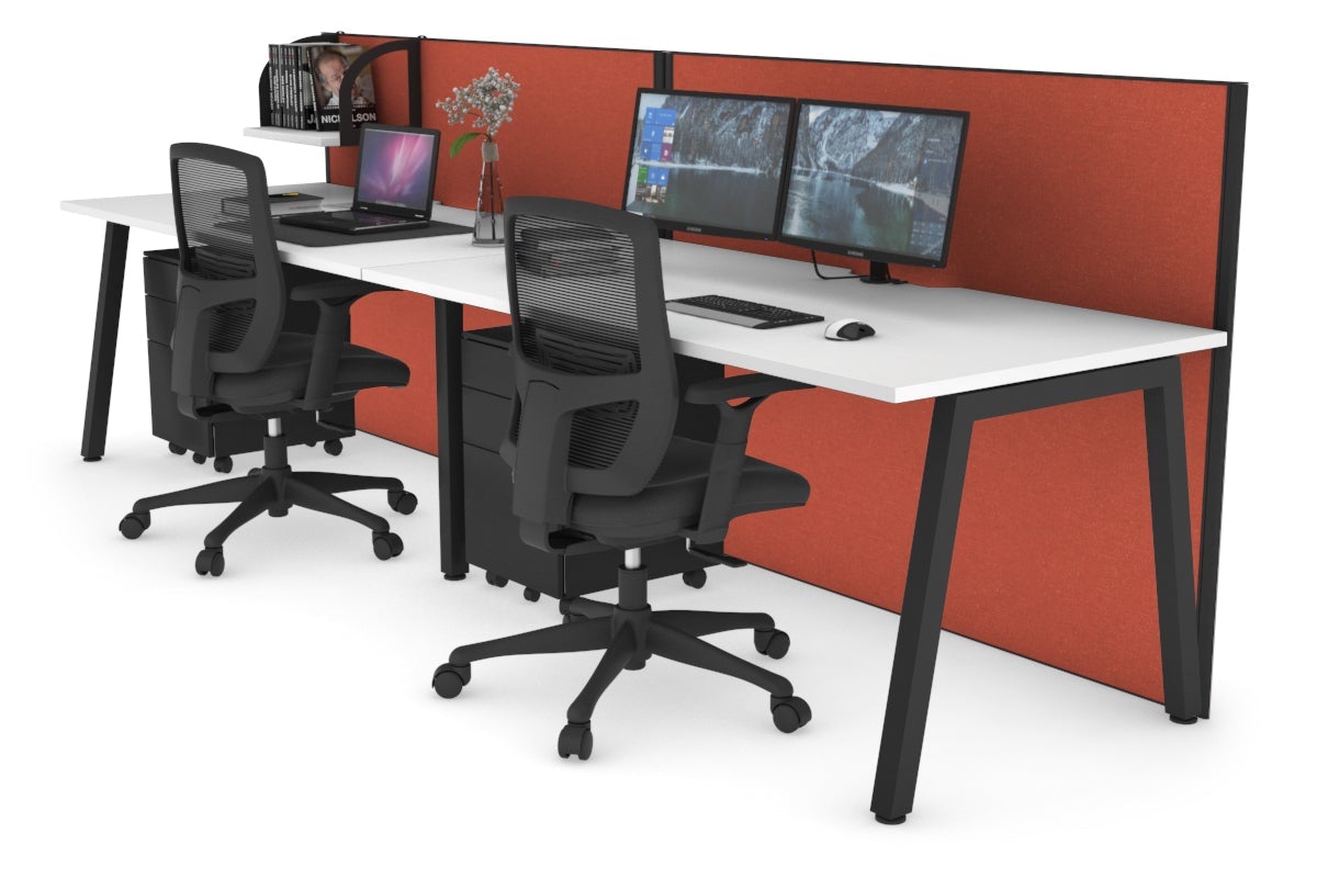 Horizon Quadro 2 Person Run A Legs Office Workstation [1800L x 800W with Cable Scallop]-black leg white orange squash (1200H x 3600W)