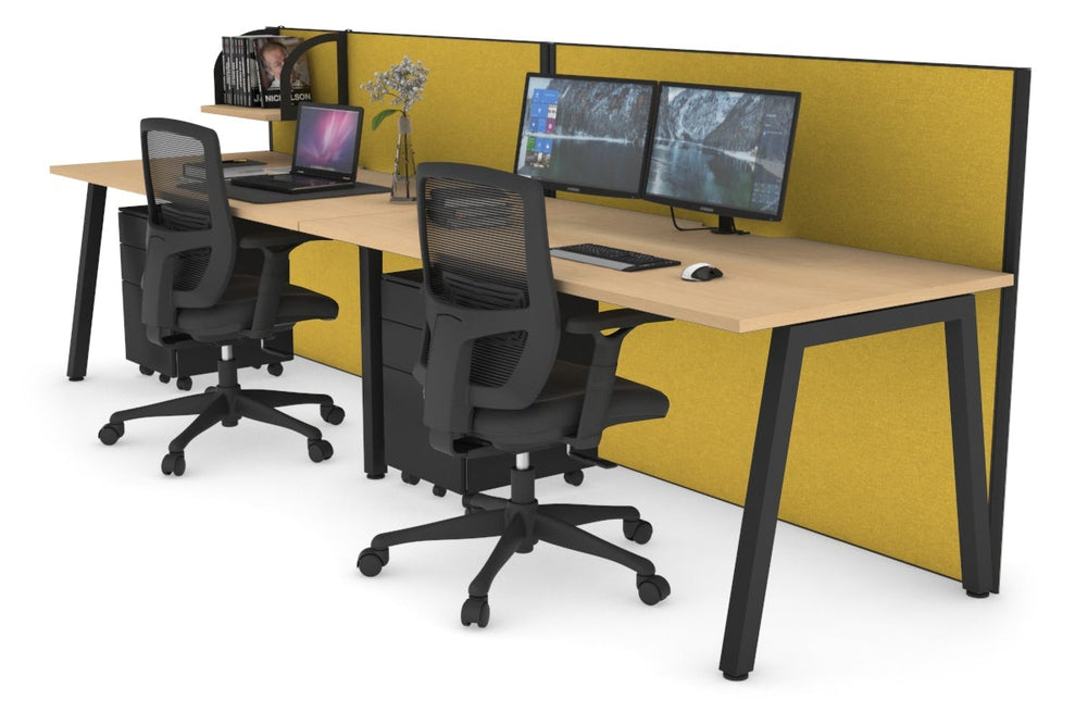 Horizon Quadro 2 Person Run A Legs Office Workstation [1800L x 800W with Cable Scallop]-black leg maple mustard yellow (1200H x 3600W)
