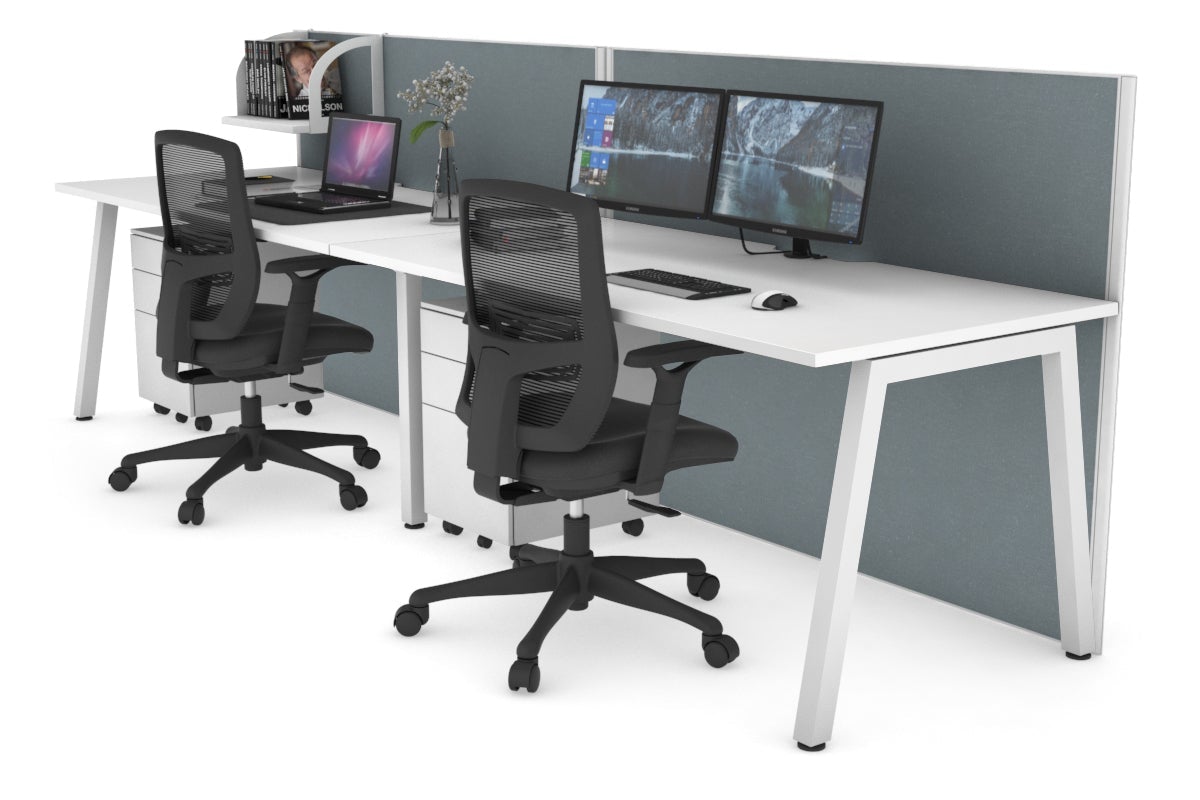 Horizon Quadro 2 Person Run A Legs Office Workstation [1800L x 800W with Cable Scallop]-white leg white cool grey (1200H x 3600W)