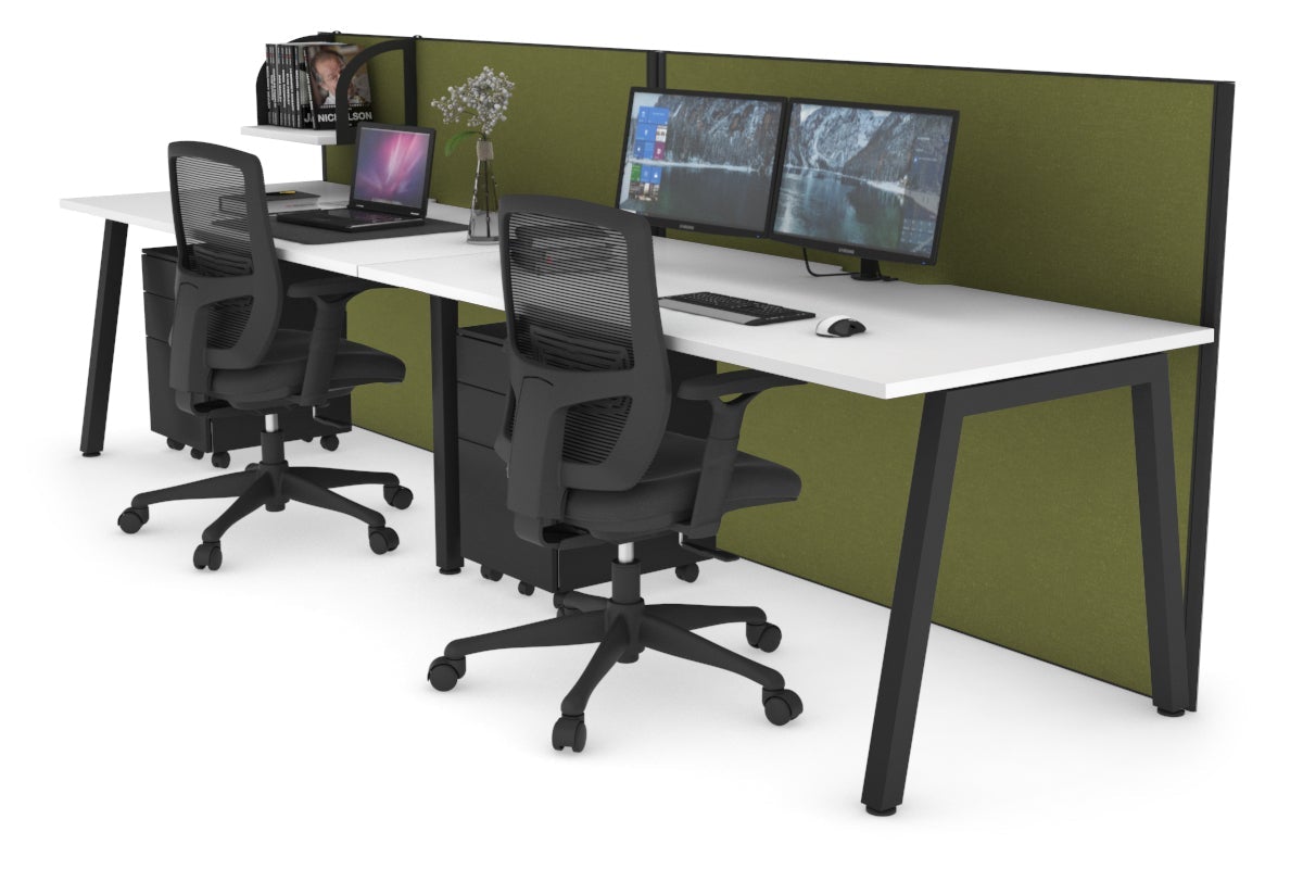 Horizon Quadro 2 Person Run A Legs Office Workstation [1800L x 800W with Cable Scallop]-black leg white green moss (1200H x 3600W)