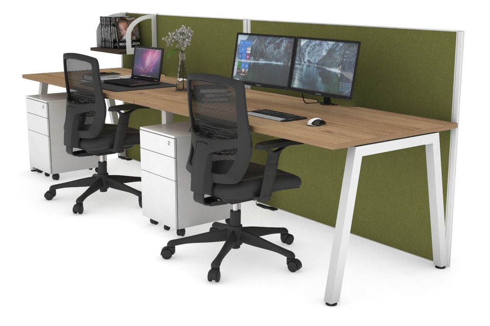 Horizon Quadro 2 Person Run A Legs Office Workstation [1800L x 800W with Cable Scallop]-white leg salvage oak green moss (1200H x 3600W)