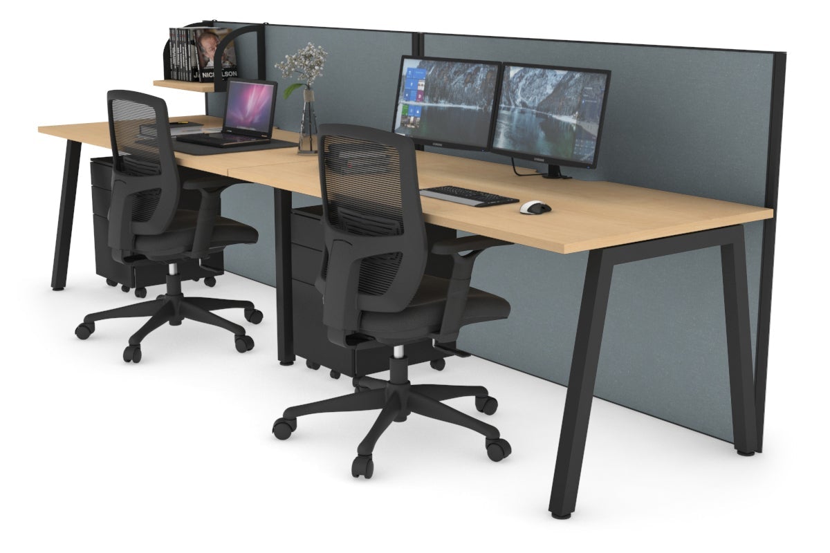 Horizon Quadro 2 Person Run A Legs Office Workstation [1800L x 800W with Cable Scallop]-black leg maple cool grey (1200H x 3600W)