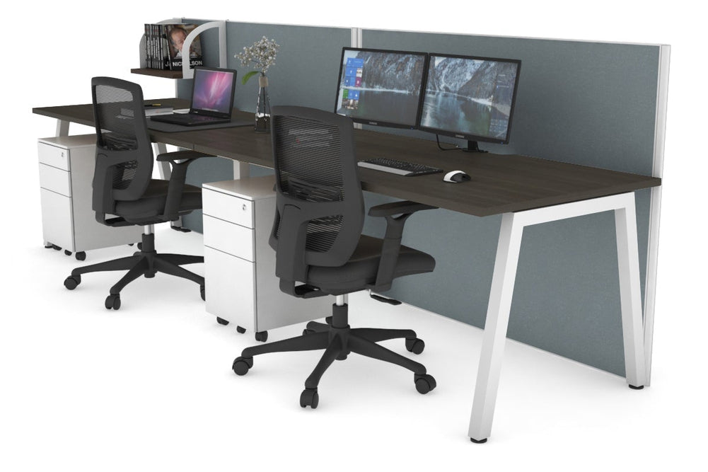 Horizon Quadro 2 Person Run A Legs Office Workstation [1800L x 800W with Cable Scallop]-white leg dark oak cool grey (1200H x 3600W)