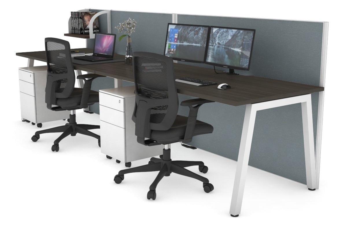 Horizon Quadro 2 Person Run A Leg Office Workstations [1800L x 800W with Cable Scallop] Jasonl white leg dark oak cool grey (1200H x 3600W)
