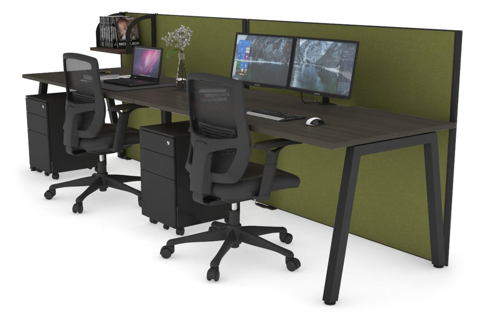 Horizon Quadro 2 Person Run A Legs Office Workstation [1800L x 800W with Cable Scallop]-black leg dark oak green moss (1200H x 3600W)