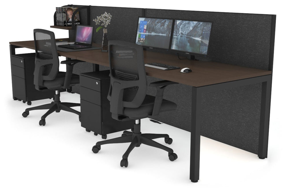 Horizon Quadro 2 Person Run Square Legs Office Workstation [1200L x 800W with Cable Scallop]-black leg dark oak moody charcoal (1200H x 2400W)