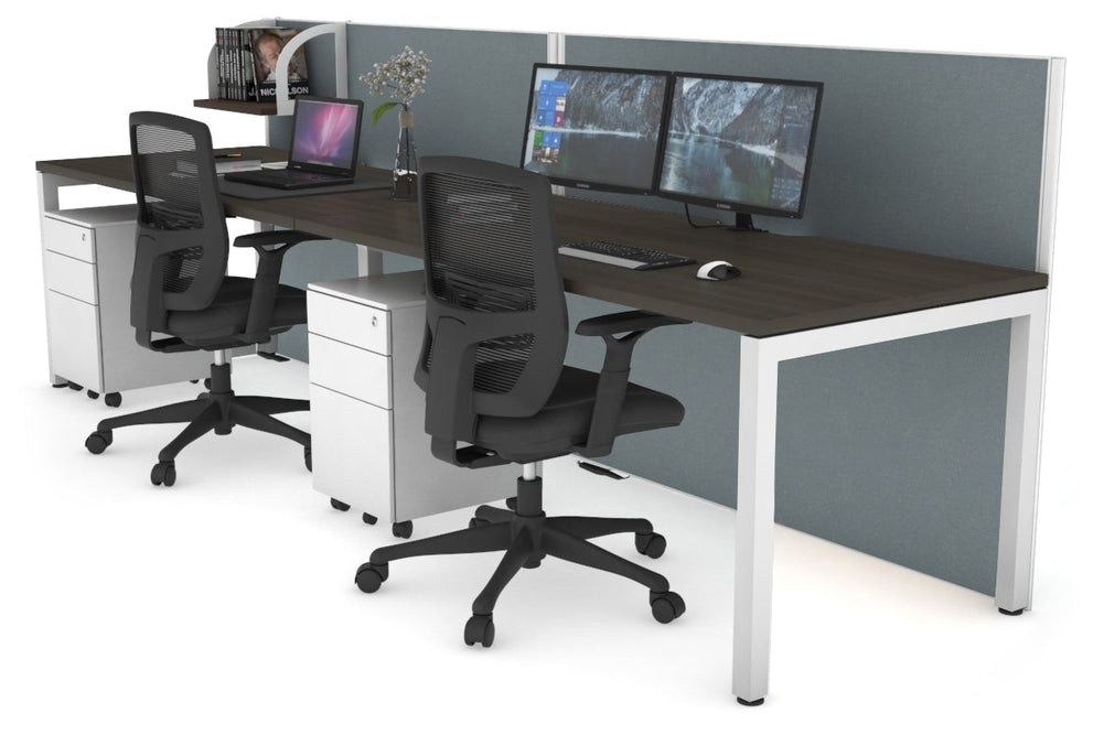 Horizon Quadro 2 Person Run Square Legs Office Workstation [1200L x 800W with Cable Scallop]-white leg dark oak cool grey (1200H x 2400W)