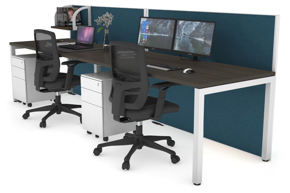 Horizon Quadro 2 Person Run Square Leg Office Workstations [1200L x 800W with Cable Scallop] Jasonl white leg dark oak deep blue (1200H x 2400W)