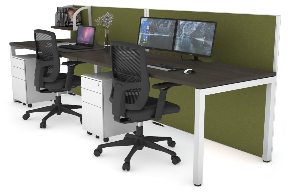 Horizon Quadro 2 Person Run Square Leg Office Workstations [1200L x 800W with Cable Scallop] Jasonl white leg dark oak green moss (1200H x 2400W)