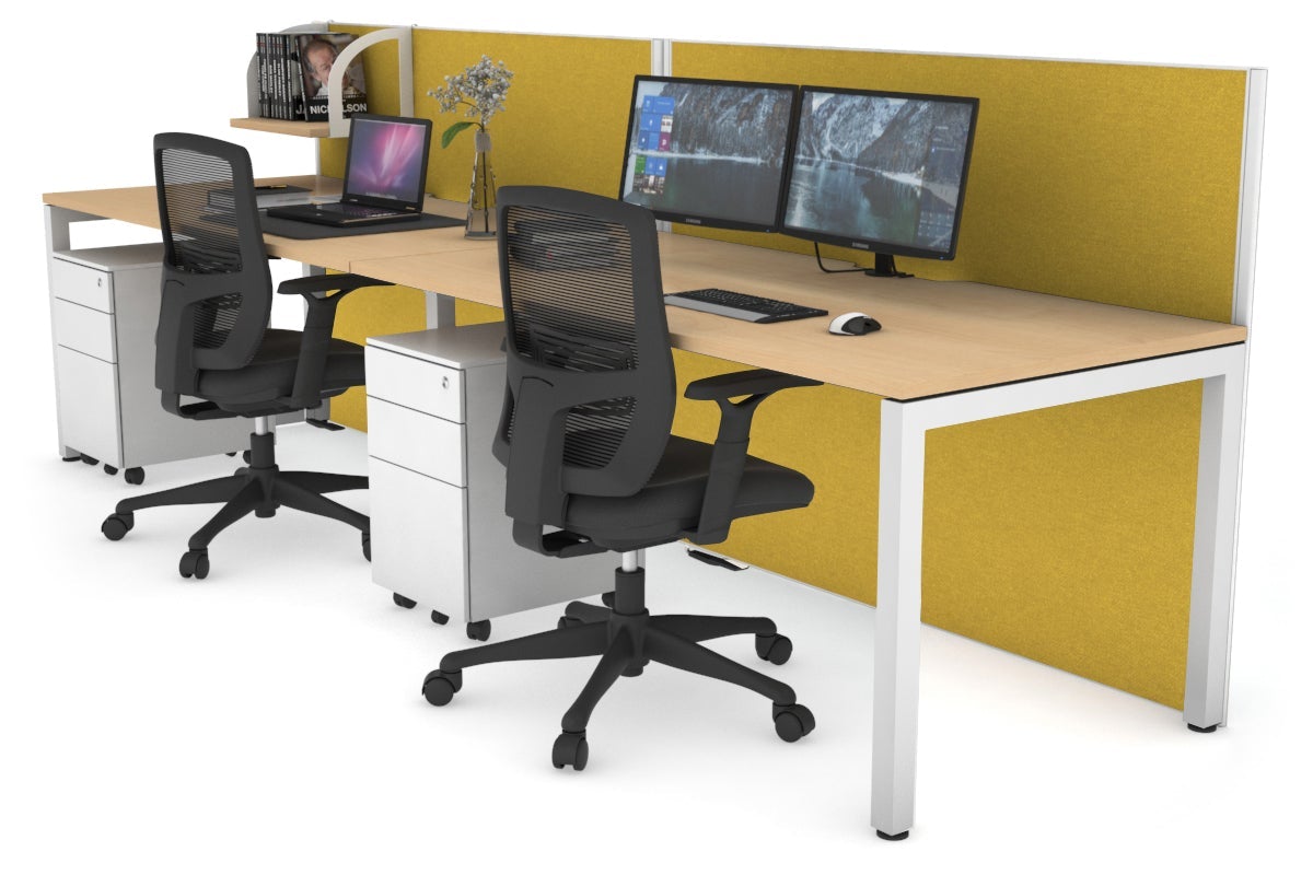 Horizon Quadro 2 Person Run Square Legs Office Workstation [1400L x 800W with Cable Scallop]-white leg maple mustard yellow (1200H x 2800W)