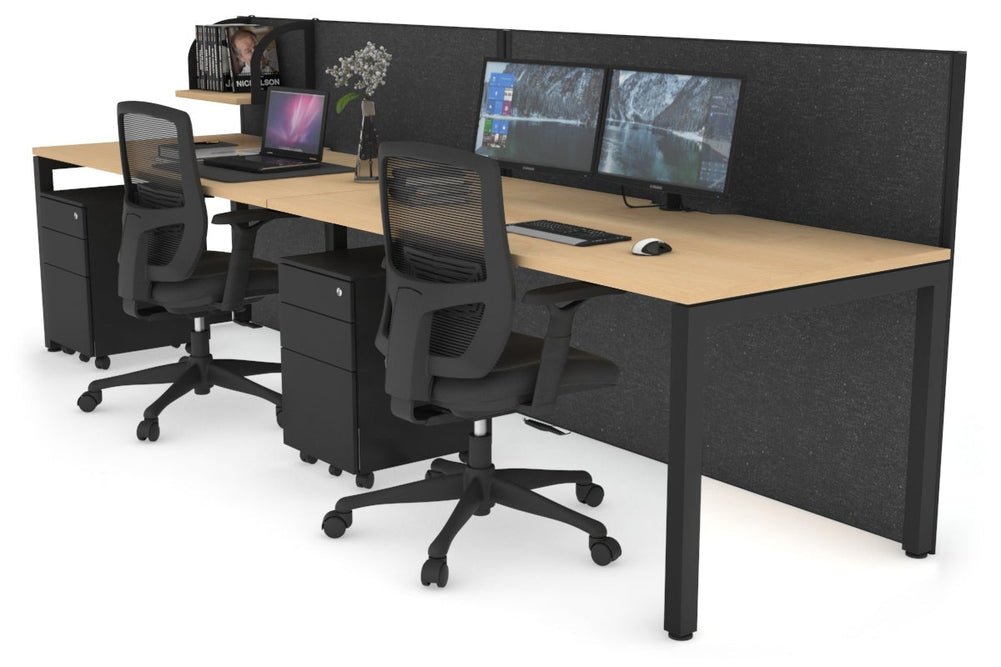 Horizon Quadro 2 Person Run Square Legs Office Workstation [1400L x 800W with Cable Scallop]-black leg maple moody charcoal (1200H x 2800W)