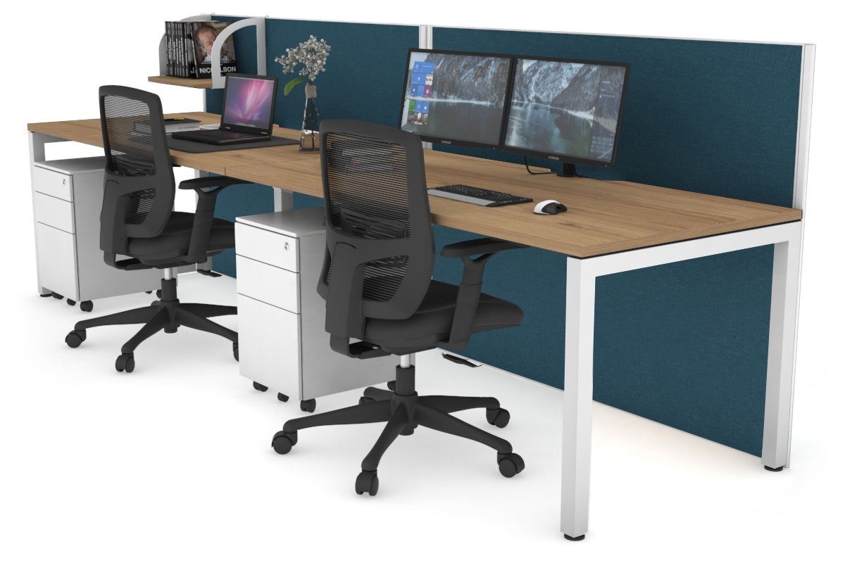 Horizon Quadro 2 Person Run Square Legs Office Workstation [1400L x 800W with Cable Scallop]-white leg salvage oak deep blue (1200H x 2800W)