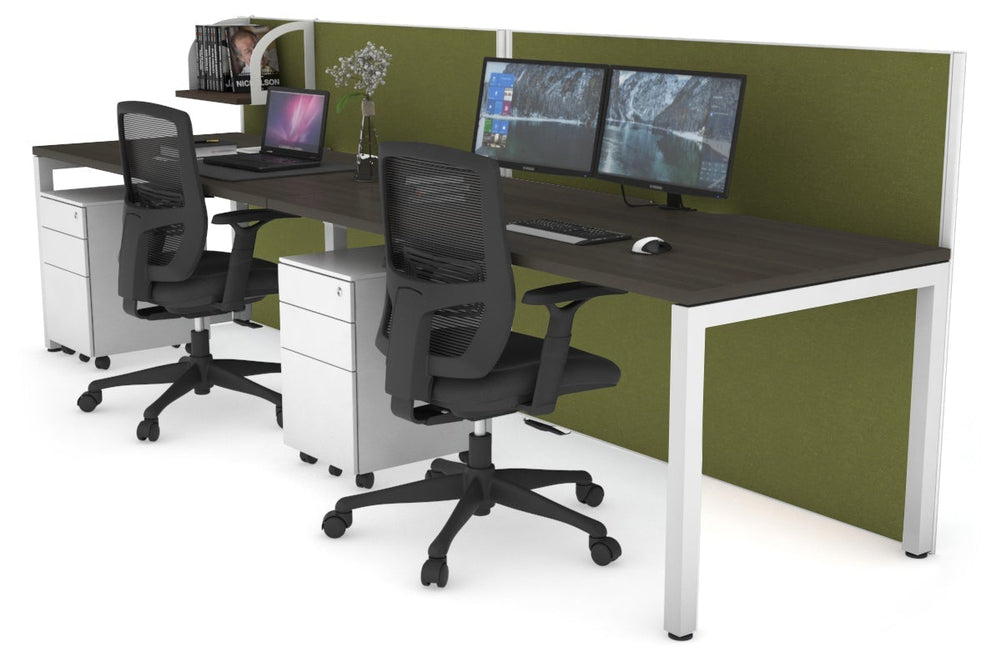 Horizon Quadro 2 Person Run Square Legs Office Workstation [1400L x 800W with Cable Scallop]-white leg dark oak green moss (1200H x 2800W)