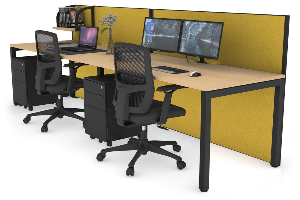 Horizon Quadro 2 Person Run Square Legs Office Workstation [1400L x 800W with Cable Scallop]-black leg maple mustard yellow (1200H x 2800W)