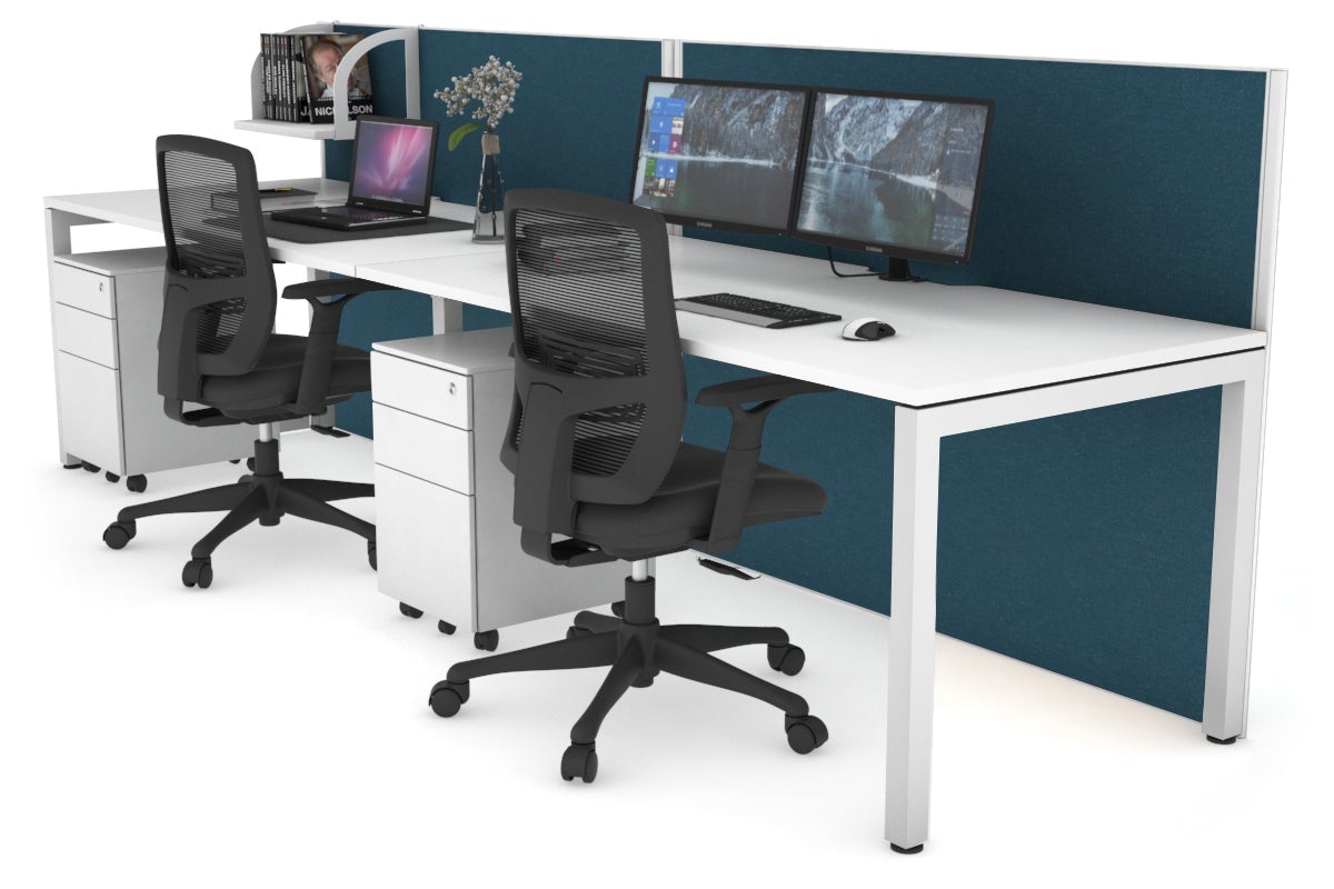 Horizon Quadro 2 Person Run Square Leg Office Workstations [1400L x 800W with Cable Scallop] Jasonl white leg white deep blue (1200H x 2800W)