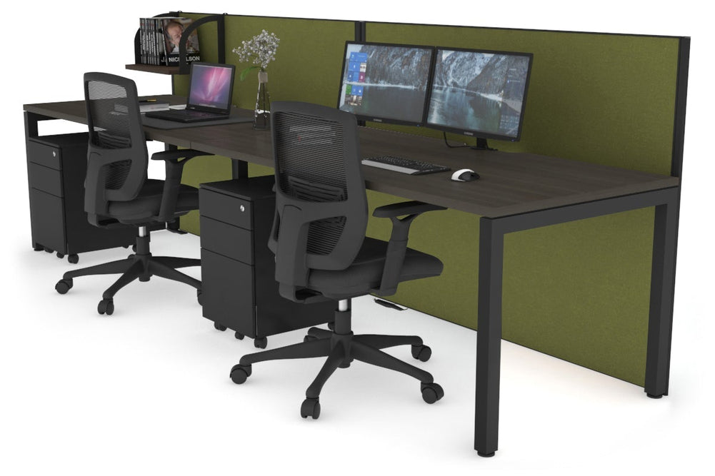 Horizon Quadro 2 Person Run Square Legs Office Workstation [1400L x 800W with Cable Scallop]-black leg dark oak green moss (1200H x 2800W)