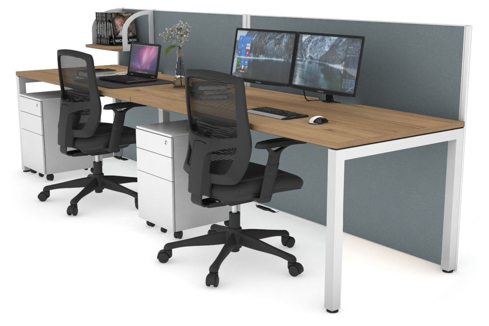 Horizon Quadro 2 Person Run Square Legs Office Workstation [1400L x 800W with Cable Scallop]-white leg salvage oak cool grey (1200H x 2800W)
