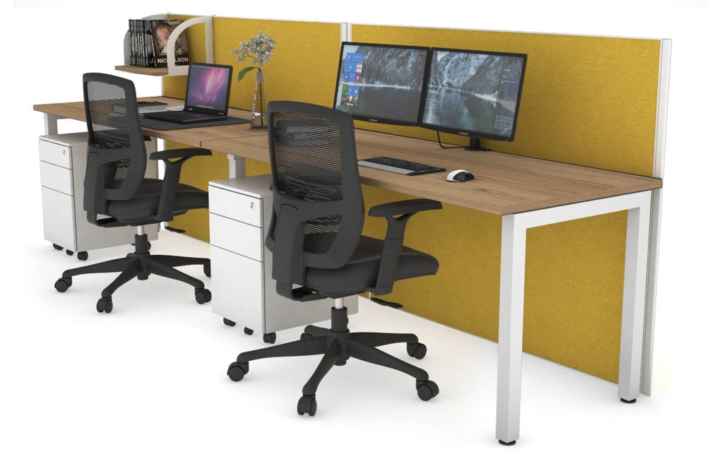 Horizon Quadro 2 Person Run Square Legs Office Workstation [1600L x 700W]-white leg salvage oak mustard yellow (1200H x 3200W)