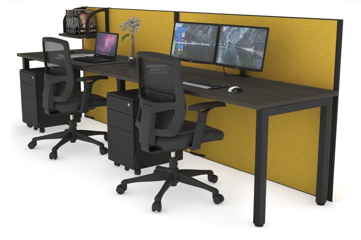 Horizon Quadro 2 Person Run Square Leg Office Workstations [1600L x 700W] Jasonl black leg dark oak mustard yellow (1200H x 3200W)
