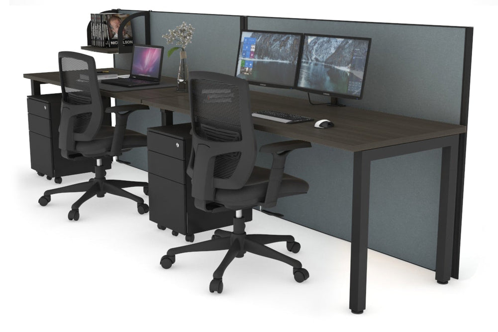Horizon Quadro 2 Person Run Square Legs Office Workstation [1600L x 700W]-black leg dark oak cool grey (1200H x 3200W)