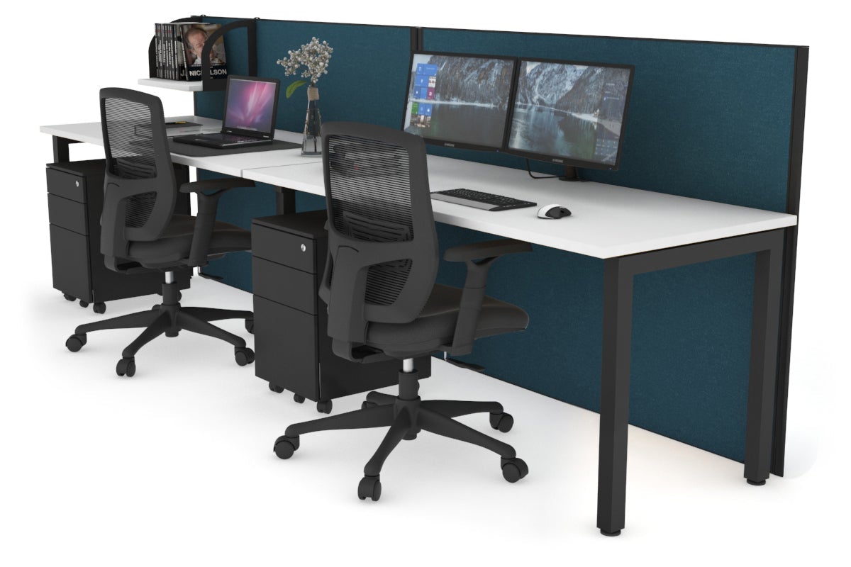 Horizon Quadro 2 Person Run Square Leg Office Workstations [1600L x 700W] Jasonl black leg white deep blue (1200H x 3200W)