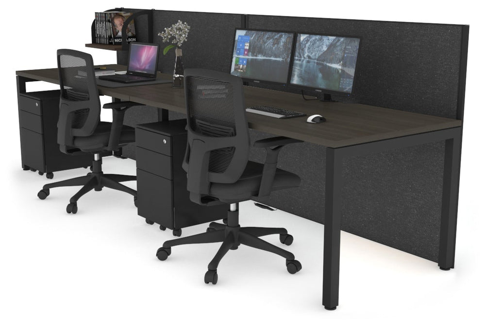 Horizon Quadro 2 Person Run Square Legs Office Workstation [1600L x 800W with Cable Scallop]-black leg dark oak moody charcoal (1200H x 3200W)