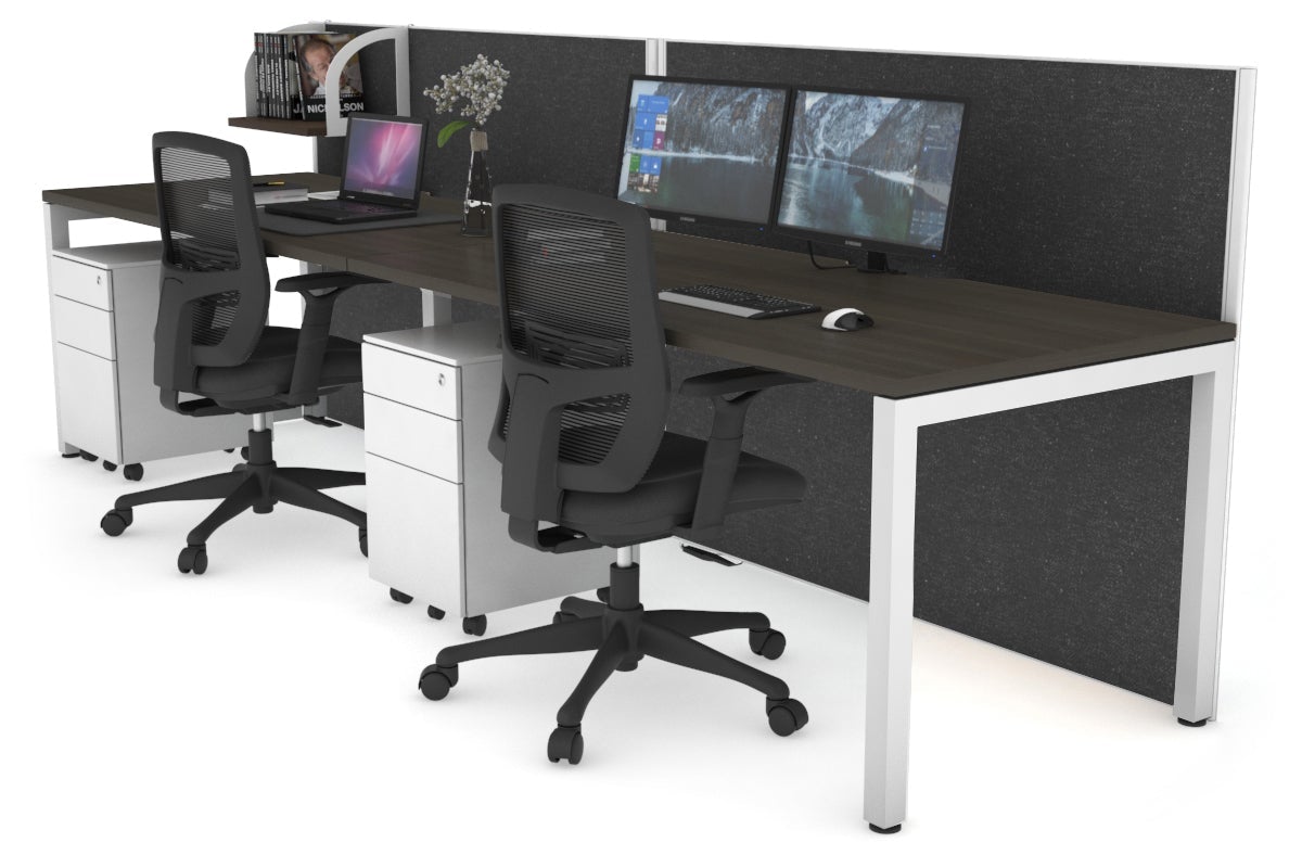 Horizon Quadro 2 Person Run Square Leg Office Workstations [1600L x 800W with Cable Scallop] Jasonl white leg dark oak moody charcoal (1200H x 3200W)