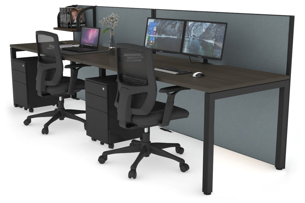 Horizon Quadro 2 Person Run Square Legs Office Workstation [1800L x 800W with Cable Scallop]-black leg dark oak cool grey (1200H x 3600W)