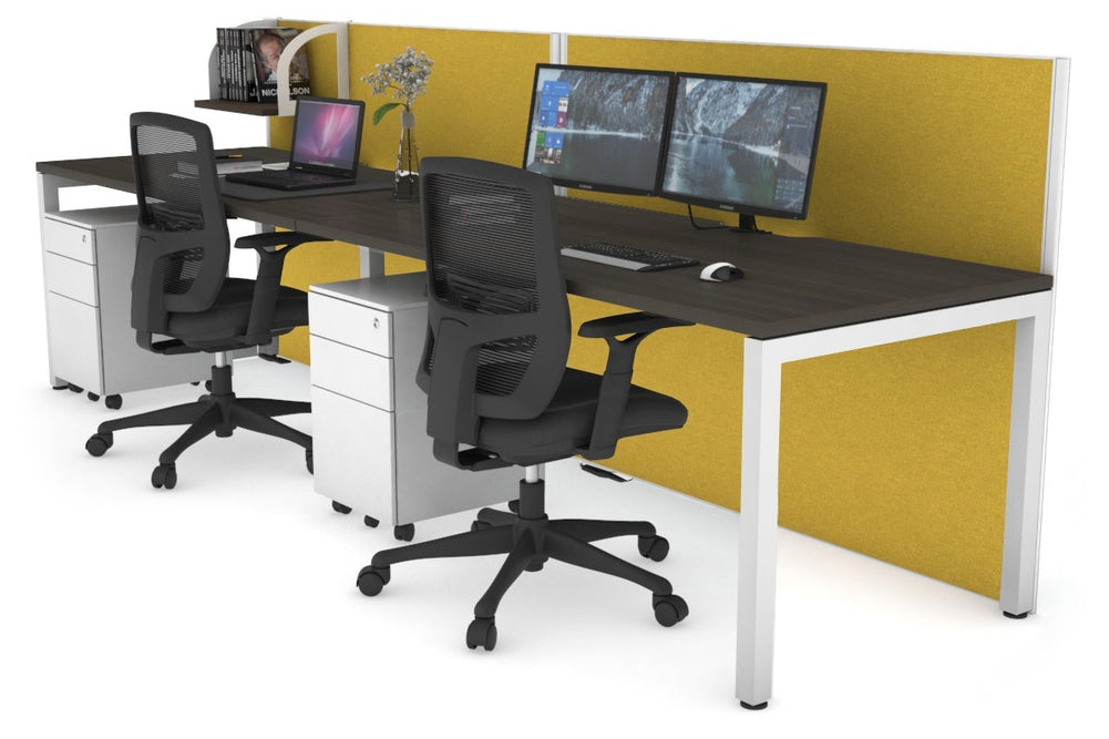 Horizon Quadro 2 Person Run Square Legs Office Workstation [1800L x 800W with Cable Scallop]-white leg dark oak mustard yellow (1200H x 3600W)