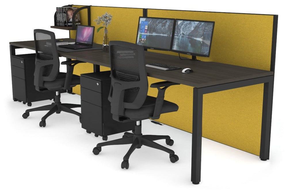 Horizon Quadro 2 Person Run Square Legs Office Workstation [1800L x 800W with Cable Scallop]-black leg dark oak mustard yellow (1200H x 3600W)